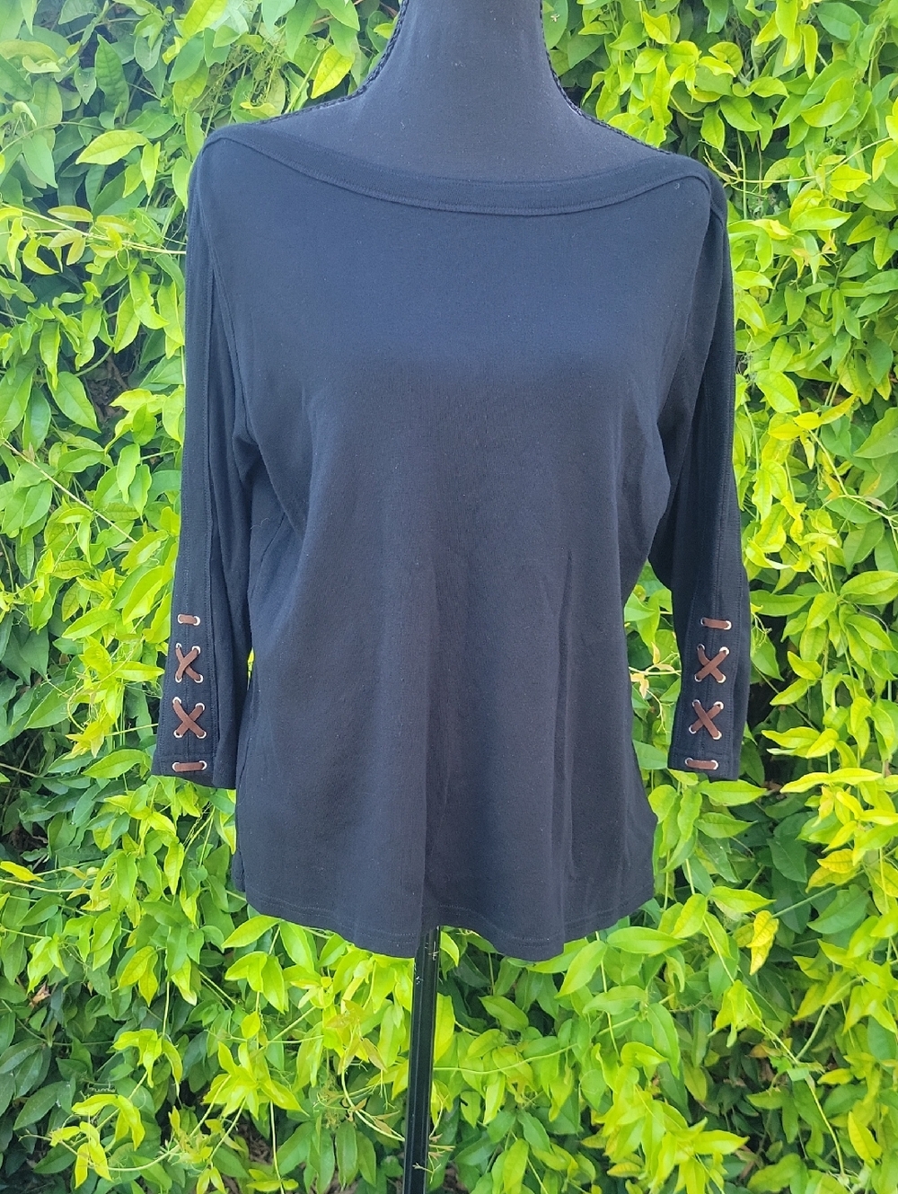 Chaps Black Boatneck Top with Suede Lace-Up 3/4 Sleeves